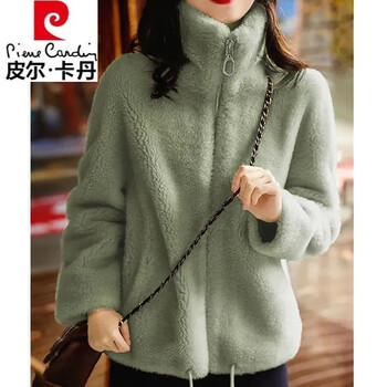 Pierre cardin brand women's small lamb wool coat for women autumn and winter loose short stand-up collar warm double-sided velvet cardigan top green l