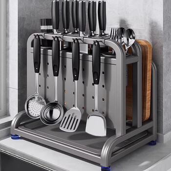 Aiwu special + 2026 new stainless steel kitchen knife rack storage rack multifunctional chopping board knife chopstick cage integrated storage and placement countertop model heightened chopstick barrel + chopping board rack + 4 hooks