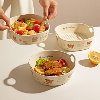 Modern housewife air fryer special bowl double ear bowl ceramic baking bowl fruit salad bowl baked rice bowl healing bear-square double ear baking bowl