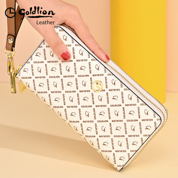 Goldlion long women's wallet 2025 new urban fashion double zipper clutch multifunctional large capacity handle bag hand beige double zipper official authentic