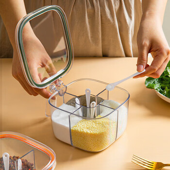 Jidaocook kitchen seasoning box household sugar jar seasoning jar combination set multi-grid salt, msg and pepper storage condiment seasoning bottle four-in-one seasoning box olive green 1 pack multi-grid in one