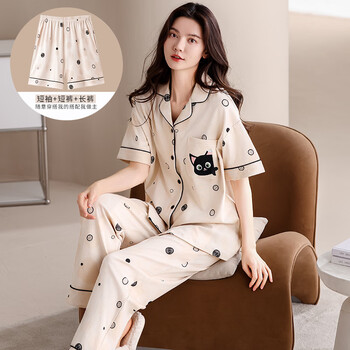 Catman pajamas women's pure cotton 2026 new spring and autumn short-sleeved trousers three-piece summer high-end home wear set