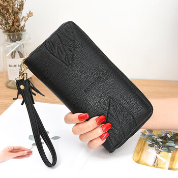 Fashionable long wallet zipper women's clutch women's handbag casual versatile women's maple leaf tassel black