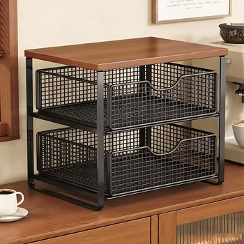 Guolai desktop storage rack kitchen multi-functional layered organizer snack coffee table water cup holder coffee cup holder countertop storage box black frame log color double layer