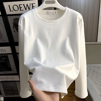 Langsha long-sleeved t-shirt women's white pure cotton petite bottoming shirt brushed plus velvet autumn and winter mid-length sweatshirt inner top 394 bai de velvet m