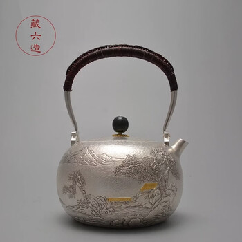 Wuyedang silver pot, japan's tibetan six-made pure hand-engraved pine bridge crossing kettle and teapot investment collection silver pot gift