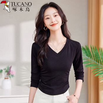 Woodpecker bottoming shirt women's spring and summer long-sleeved t-shirt threaded v-neck side shirring waist slim versatile top black 2xl