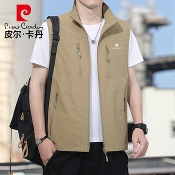 Pierre cardin vest men's summer stand collar breathable waistcoat thin sleeveless casual multi-pocket vest khaki xl