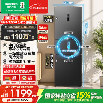 Rongsheng 253l three-door refrigerator small household ultra-thin first-class energy efficiency air-cooled frost-free inverter rental house trade-in xinglan bcd-253wd16npa national subsidy