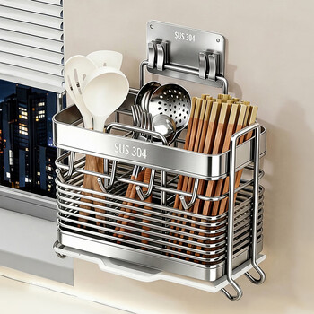 Youqin chopstick storage box household 304 stainless steel chopstick basket basket new kitchen drain spoon storage rack silver 3 grid 304 wall hanging + with 4 hooks + water tray