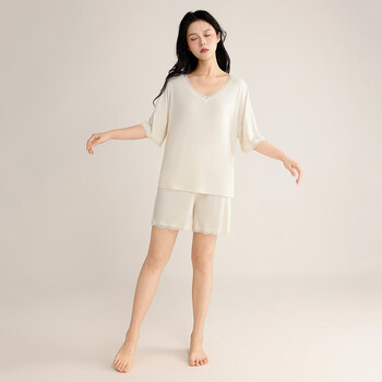 Yiwu color women's pajamas eco silk soft and delicate pullover lace short home wear set cream apricot m