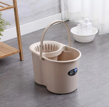 Manual squeeze bucket, hand pressure mop bucket, mop bucket, plastic rotary twisting water single bucket, old-fashioned mop bucket, khaki color