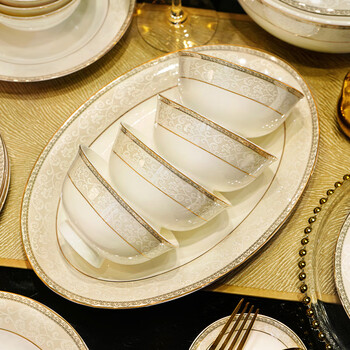 Jingdezhen tableware complete set, housewarming gift, ceramic bowl and plate combination, household light luxury porcelain dish set, suitable for microwave oven, 10-person accessory pot, 56-piece set