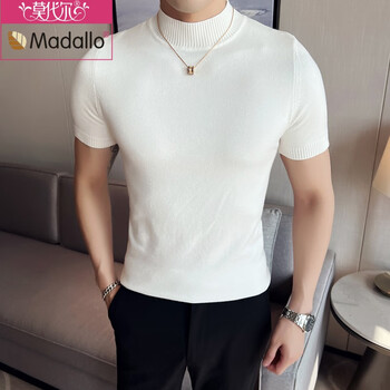 Modal autumn and winter men's solid color slim half turtleneck short-sleeved knitted sweater basic base shirt white m