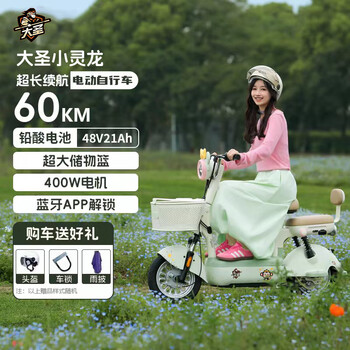 Yadi dasheng electric vehicle xiaolinglong new and new national standard can be licensed 48v lead-acid large battery fashionable adult small girls electric bicycle green 48v21a lead-acid