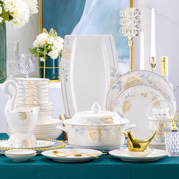 Guanpu 2025 new bowl and plate set household jingdezhen bone china tableware light luxury european style simple bone china bowl and plate set