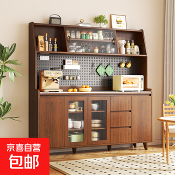 Solid wood sideboard integrated wall-mounted retro slate living room wine cabinet tea cabinet multi-functional kitchen storage cabinet upgraded all solid wood 1.0m walnut color + walnut color glass fan