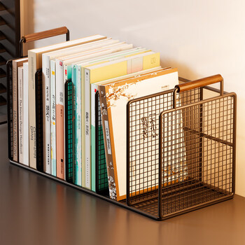 Aomingyuan book stand book clip desktop bookshelf desktop fixed book storage artifact wrought iron shelf divider storage basket black five grids walnut solid wood handle