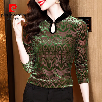 Pierre cardin bottoming shirt women's retro stand-up collar gold velvet autumn new style slimming inner t-shirt western style mom top green l 100-110 pounds