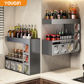 Youqin seasoning box wall-mounted home kitchen high-end new seasoning bottle storage rack condiment storage box salt shaker gun ash three-layer 6 boxes - 24 bottles and jars free spoons * 6 + waterproof label