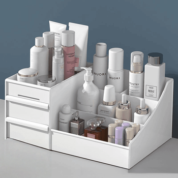 White multi-layered cosmetics storage box, desktop compartmented skin care product storage rack with drawer, dressing table organizer box, drawer-type desktop cosmetics storage box