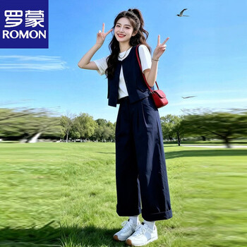 Romon's 2026 summer korean version of a complete set of women's layered sleeveless vest, short-sleeved top, wide-leg pants three-piece set, trendy top + vest + pants three-piece set m recommended 80-100 catties