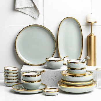 Inscription ins european-style gold-rimmed ceramic tableware set, dish set, home rice bowl, salad bowl, vegetable plate, steak plate, storm gray six-person food gift box