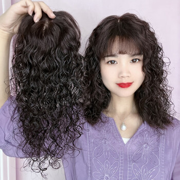 Tangni's curly hair head replacement piece with bangs, small curly hair wig, artificial hair, middle-aged women's whitening increase wig, middle-aged lady's temperament small curly hair replacement piece, dark brown 35cm