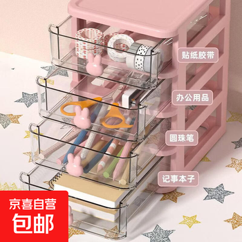 Cartoon desktop storage box transparent pink small drawer type plastic mini rabbit storage box stationery desk drawer type storage cabinet 2 layers pink