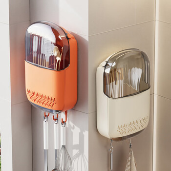 Jatu chopstick tube chopstick cage no punching kitchen shelf spoon storage bucket plastic wall-mounted draining tableware storage box orange