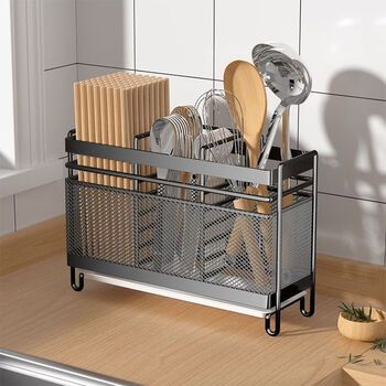 Crhmmflf chopstick storage box kitchen shelf free installation integrated wall-mounted household chopstick tube chopstick cage tableware spoon drain rack white selected high-quality carbon steel new no longer leaking chopstick spoon carbon steel dense mesh two grids - desktop model + drain tray