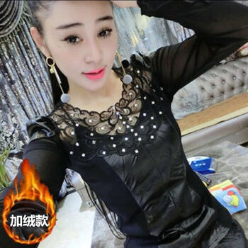 Xianyu lianpei regular/spring and autumn new fashion hot diamond lace shirt autumn and winter pu leather splicing bottoming shirt for women black (plus velvet) l (105-115 pounds)
