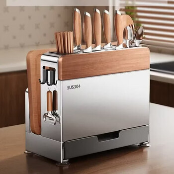 Four seasons muge kitchen knife rack storage rack 304 stainless steel pot cover chopping board rack chopstick cage storage knife integrated rack 2026 new style