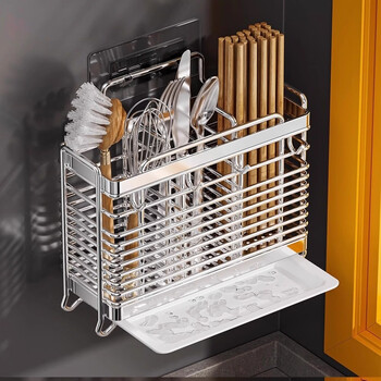 Xingran kitchen chopstick cage stainless steel kitchen shelf home wall-mounted no-punch storage basket spoon drain box basket two compartments - simple model high-quality stainless steel
