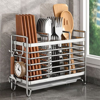 Crhmmflf kitchen storage rack stainless steel chopstick storage box chopstick cage wall hanging household spoon chopstick tube storage rack stainless steel-chopstick tube 3 compartment wall hanging countertop dual-use model