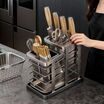 Crhmmflf knife holder and knife holder storage rack 2026 new kitchen countertop multi-function knife holder chopstick barrel integrated drain storage rack gun ash knife holder chopstick barrel multi-functional drain rack countertop carbon steel knife holder chopsticks and spoon barrel with drain tray