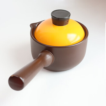 Shengxinjiu small casserole single handle long handle side handle milk pot for one person with lid ceramic instant noodle pot dormitory small pot casserole uncoated dark brown yellow lid 1.2l