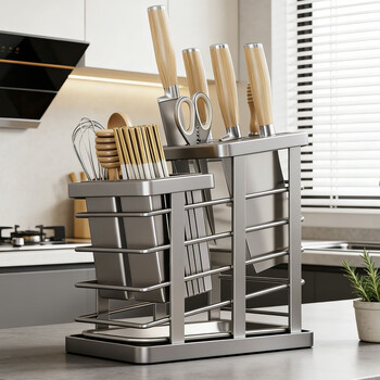 Crhmmflf knife holder and knife holder storage rack 2026 new kitchen countertop multi-function knife holder chopstick barrel integrated drain storage rack gun ash knife holder chopstick barrel multi-functional drain rack countertop carbon steel knife holder chopsticks and spoon barrel with drain tray