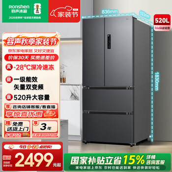 Rongsheng 520l french multi-door refrigerator large capacity ultra-thin first-level energy efficiency air-cooled frost-free dual frequency conversion odor-free french four-door household trade-in national subsidy bcd-520e30fnlae gray