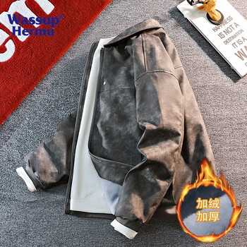 Wassup hermu official jacket for men and women in autumn and winter maillard handsome motorcycle leather jacket high-quality american street casual leather jacket gray (plus velvet) xl (recommended 130-150 pounds)