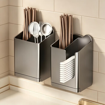 Drainable rabbit chopstick barrel, no punching, wall-mounted kitchen supplies, household tableware basket, chopstick cage, fork and spoon storage storage rack, gun gray, double chopstick barrel, pp thickened/drainable