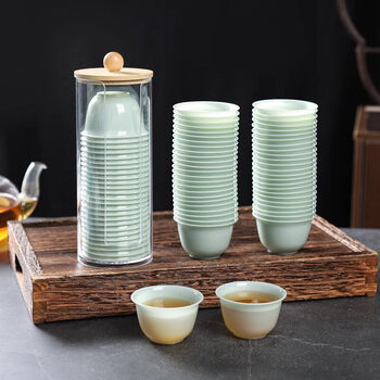 Jinpin sam emerald green disposable kung fu tea cup thickened anti-scald tea small cup business hospitality tea cup tea set wordless emerald green tea cup 1 bag 50 pieces + cup holder