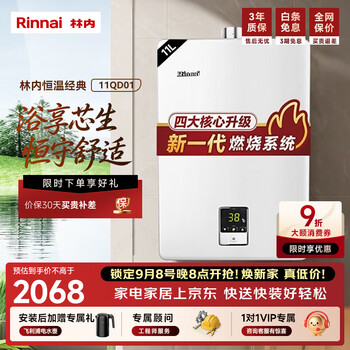 Rinnai 01 series 11-liter gas water heater, variable frequency constant temperature, water and gas dual adjustment, forced exhaust natural gas 11qd01 (jsq22-c01)