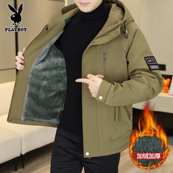 Playboy new winter hooded jacket with velvet and thickening for men, loose casual parka cotton winter clothing, fashionable cotton coat 8802 khaki, velvet, thickened l 110-130 catties