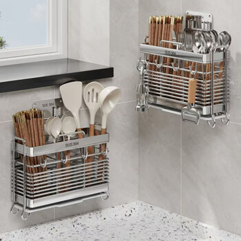 Crhmmflf thickened stainless steel chopstick storage box chopstick barrel wall-mounted bucket basket holder kitchen stainless steel spoon quick cage thickened - double chopstick barrel thickened stainless steel chopstick cage free nail stickers