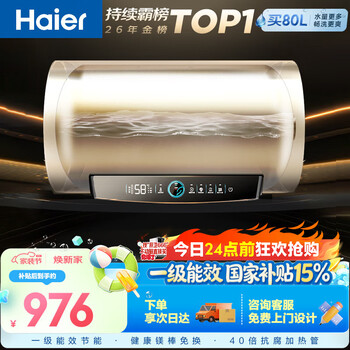 Haier state-subsidized electric water heater 80 liters pd3 king kong seamless gallbladder without replacement magnesium rod 3000w first-level energy efficiency water storage type large water volume household jingdong self-operated door-to-door installation