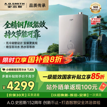 Smith (a.o.smith) garnet gas water heater, first-class energy efficiency, 16 liters of zero cold water, small fine steel tje5, no condensation water pipe, national subsidy, intelligent booster, large water volume, new product