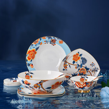 Huaguang bowl and plate tableware set, bone china tableware with glaze, high-end mid-autumn festival gift, rising, four people, 16-piece set
