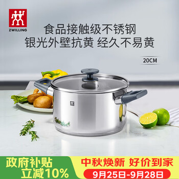 Zwilling stainless steel soup pot 0-coated cooking pot household double-eared stew pot anti-scalding noodle cooking porridge pot silver soup pot 20cm