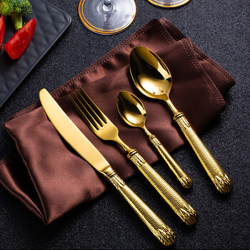 Bosung western cutlery german gold-plated wheat ear 304 western steak cutlery household set household european western cutlery 4-piece set knives, forks, spoons and tea spoons (gold)